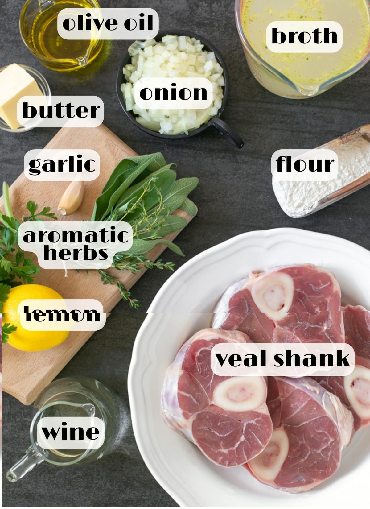 ossobuco ingredients: veal shanks, broth, flour, onion, oil, garlic, butter, lemon,thyme, sage, parsley, white wine.