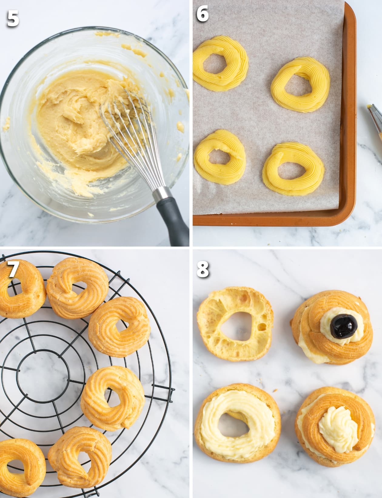 Collage of four images showing the last four steps to make st josep zeppole.
