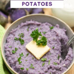 purple mash potatoes. Image with text for Pinterest.