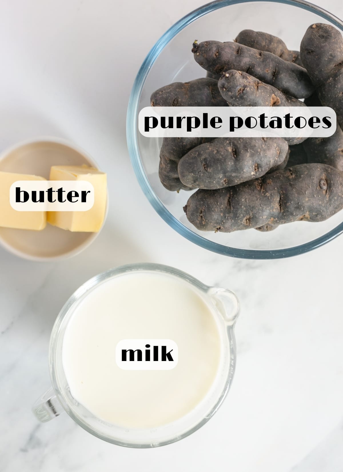 purple mashed potatoes ingredients: purple potatoes, milk, butter.