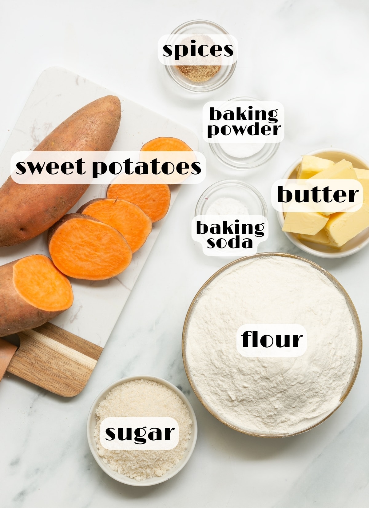 sweet potato cookie ingredients: flour, sweet potatoes, butter, sugar, baking soda, baking powder, spices.