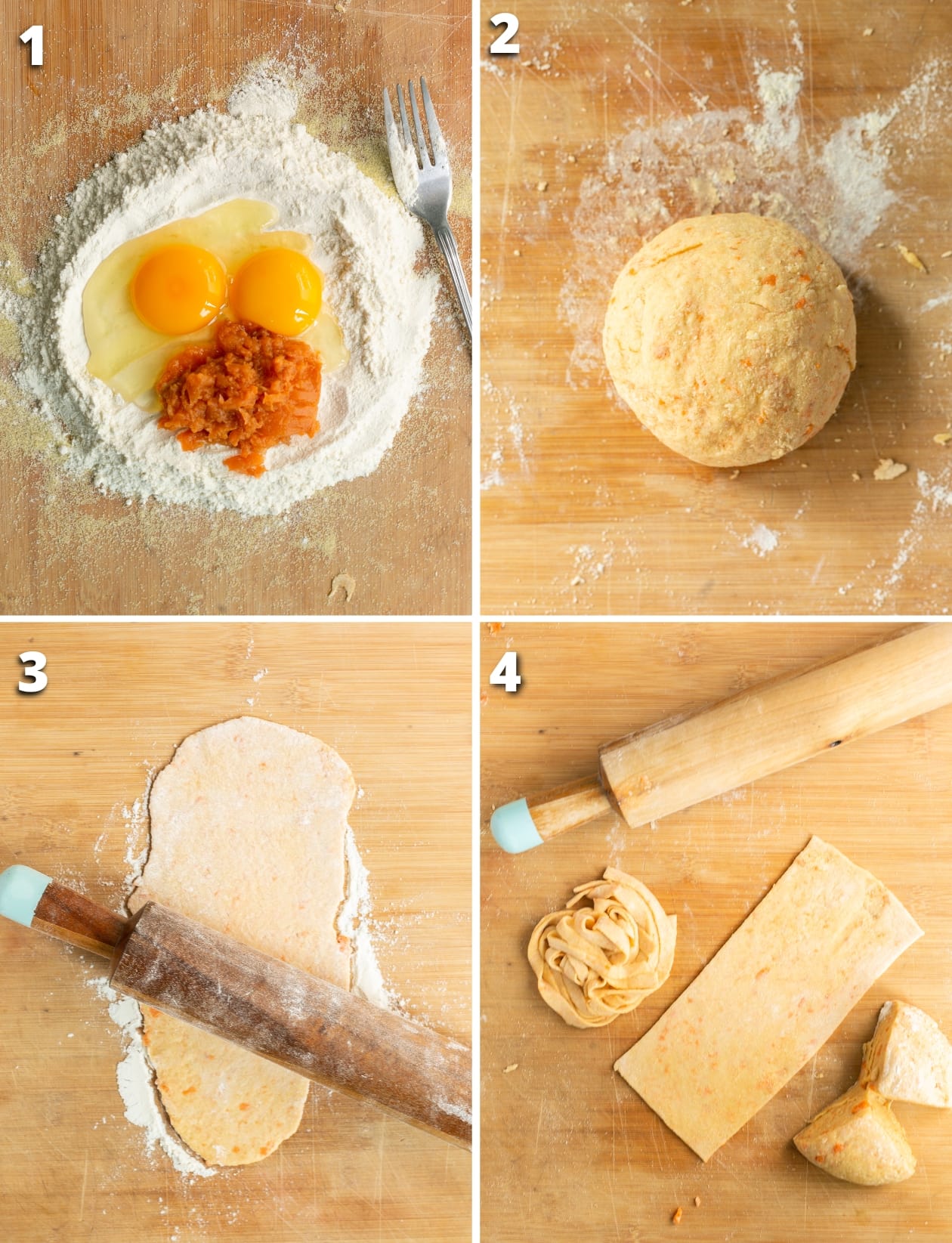 collage of four images showing the four steps on how to make sweet potato pasta dough.