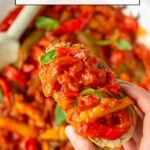 Italian peperonata. Image with text for Pinterest.