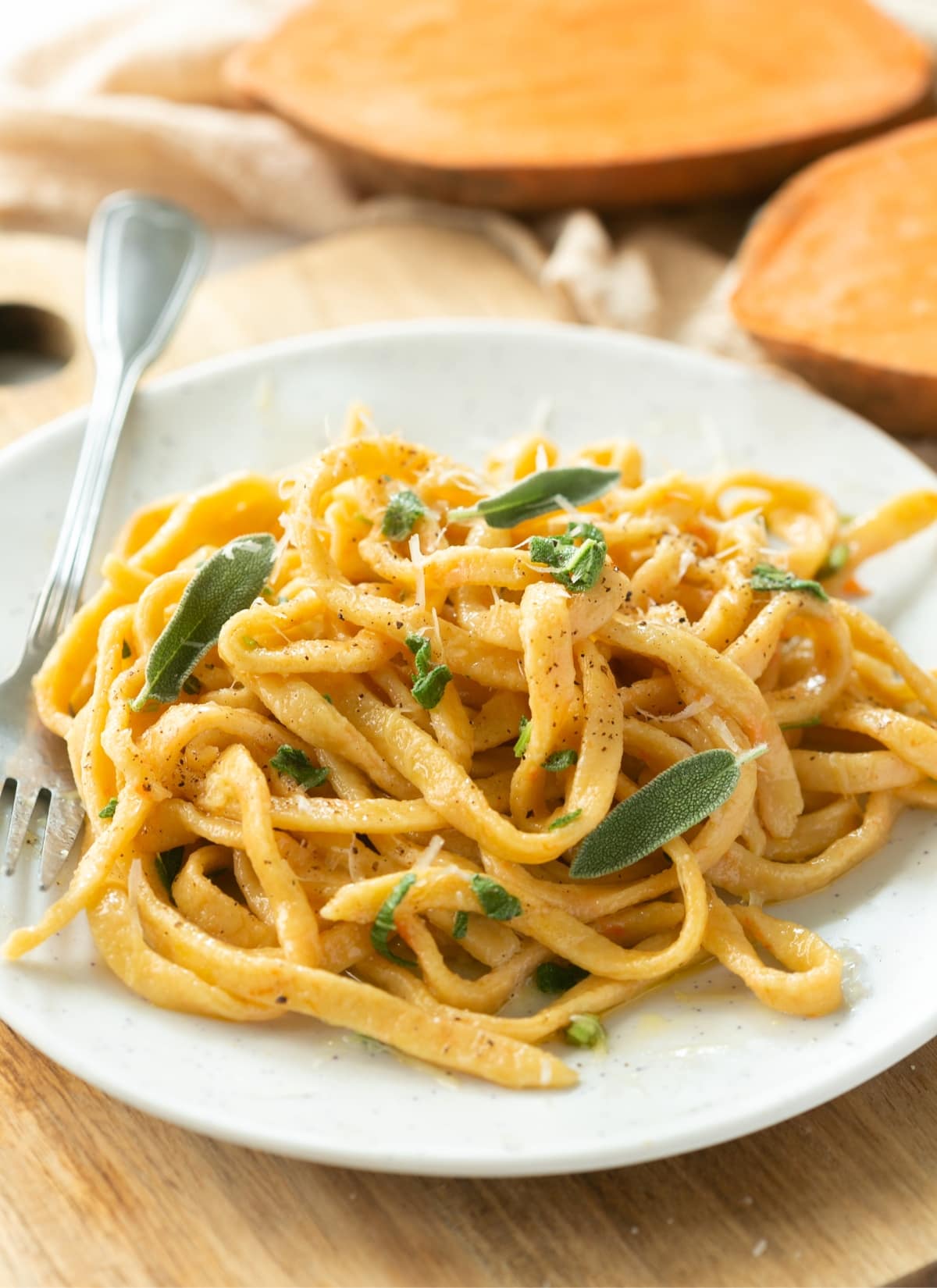 homemade fresh pasta with sweet potato served with butter and sage sauce.