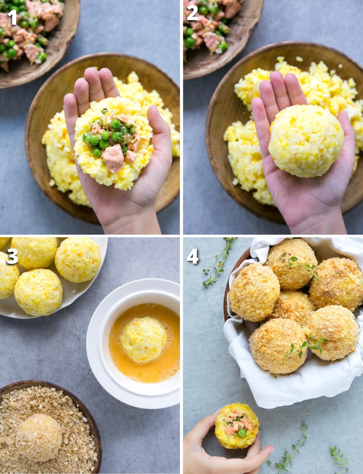 collage of four images showing the four steps of how to make baked arancini.