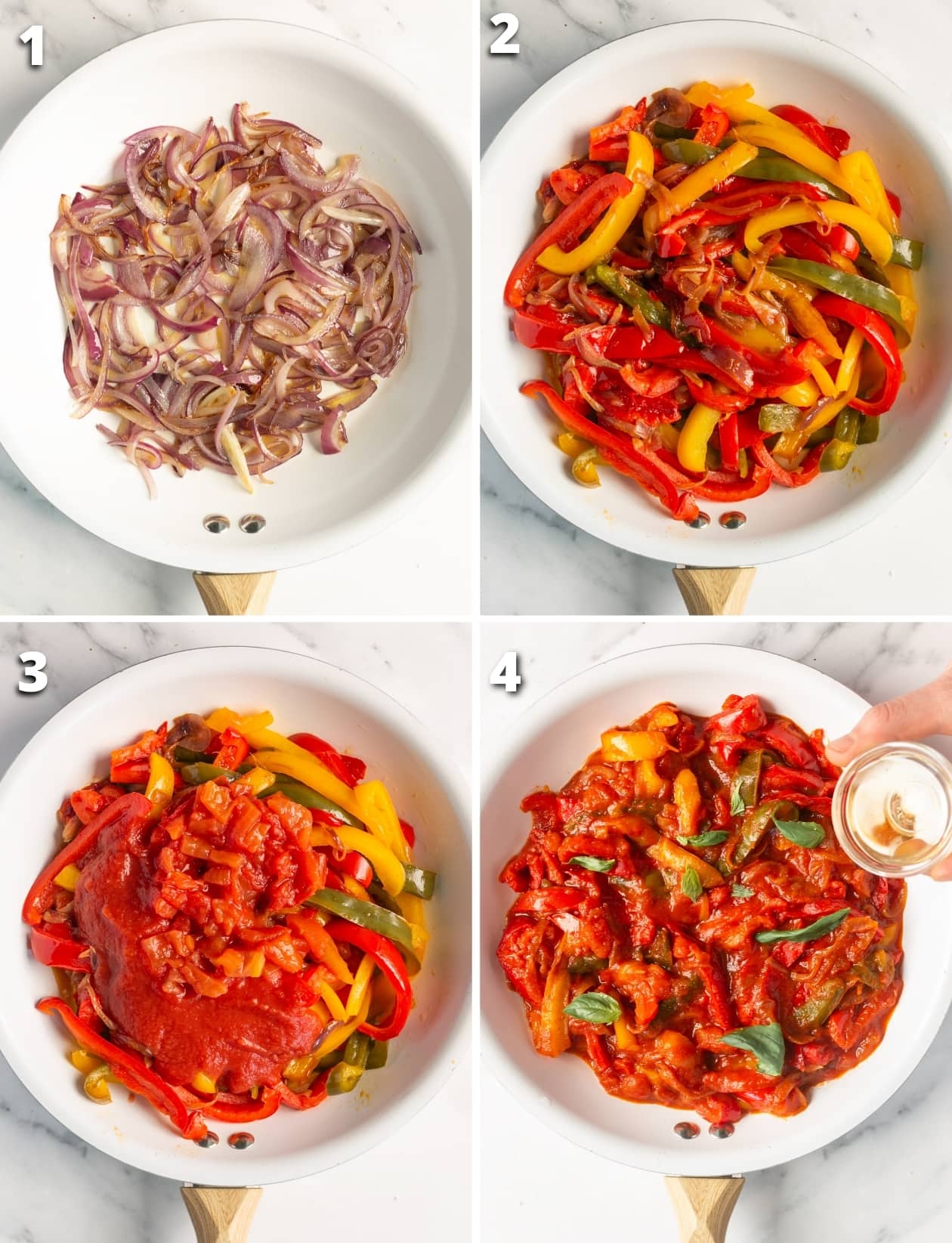 collage of four images showing the four steps of how to make peperonata recipe.