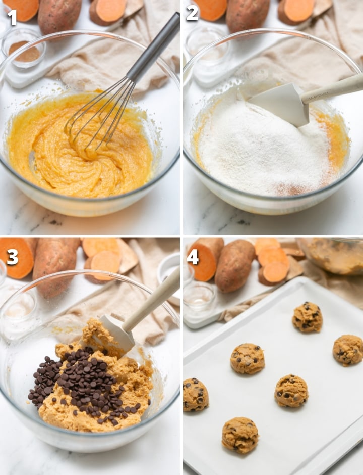 collage of four images showing the four steps on how to make sweet potato cookies.