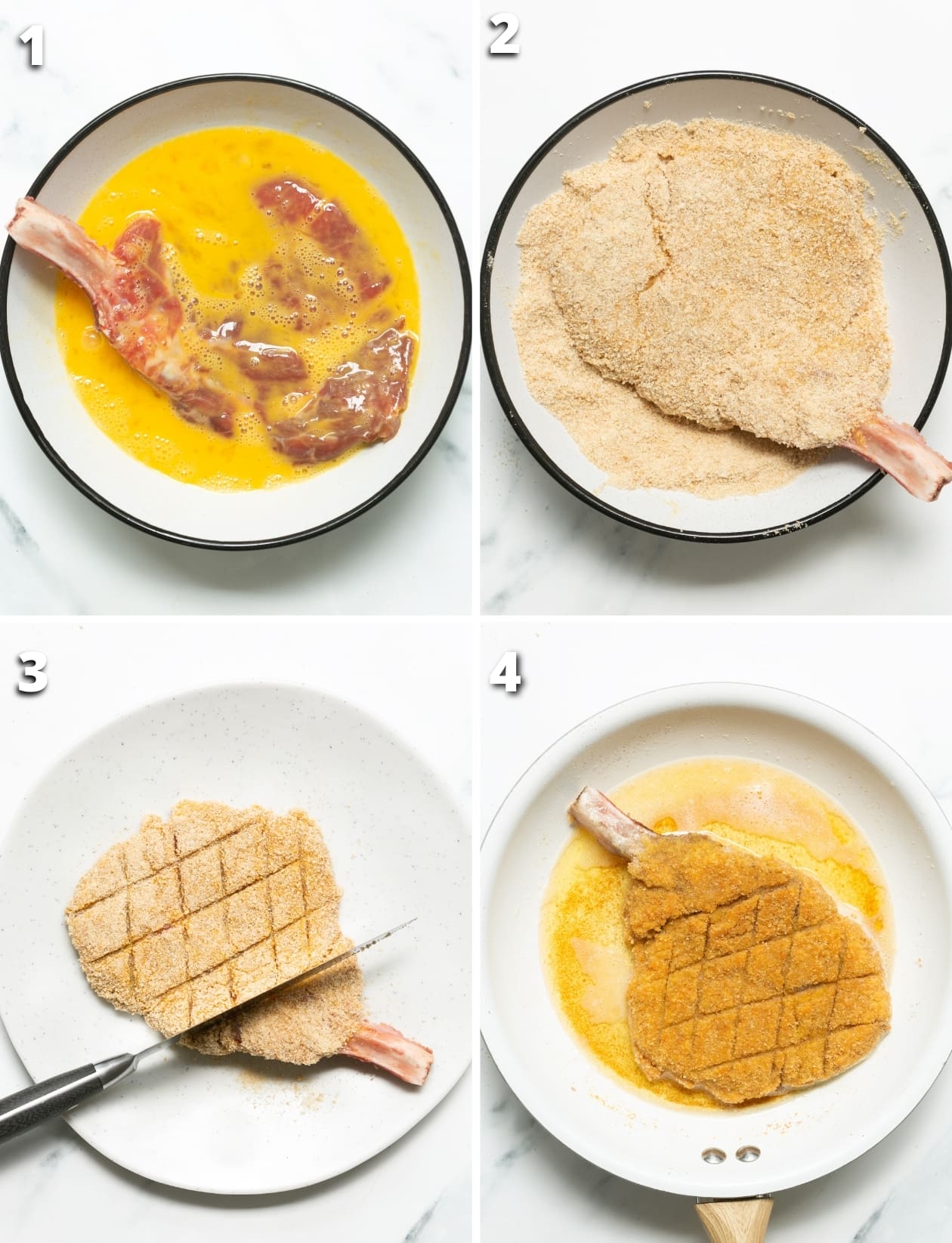 collage of four images showing the four steps of how to make veal milanese.