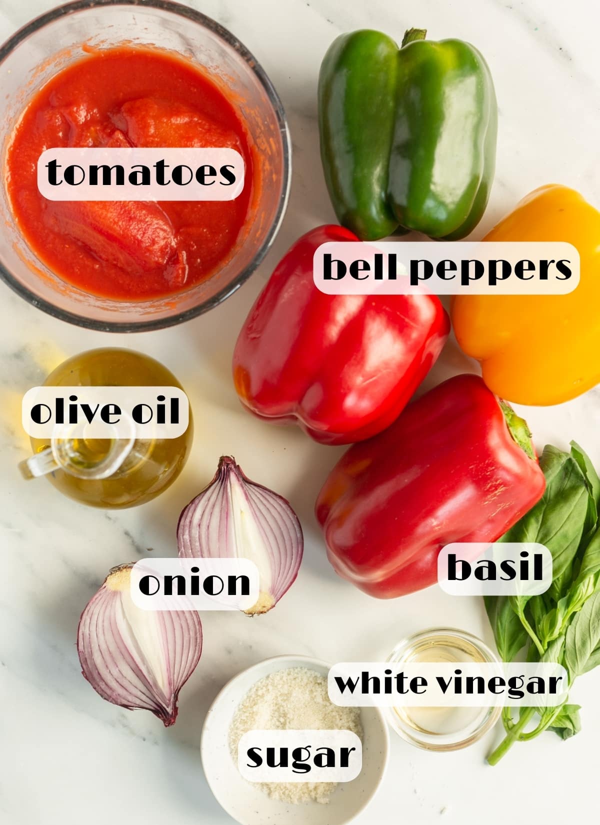 peperonata ingredients: bell peppers, onion, basil, olive oil,tomatoes, sugar, white vinegar.