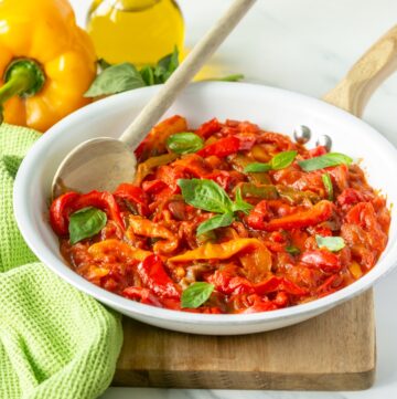 peperonata recipe featuring Italian sweet peppers.