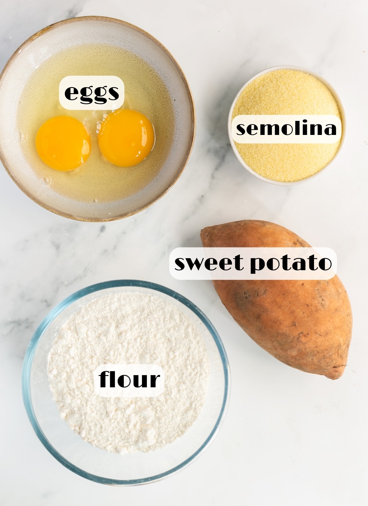 sweet potato pasta ingredients: sweet potato, eggs, flour, semolina.