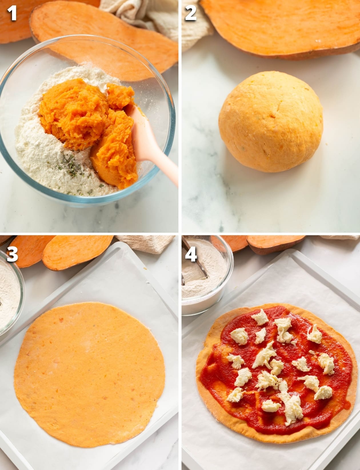 collage of four images showing the four steps to make sweet potato pizza.