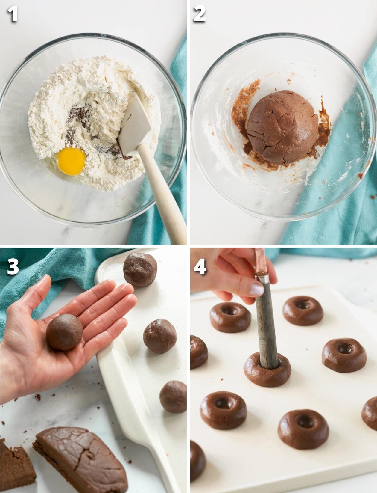 collage of four images showing the four steps for nutella thumbprint cookies.