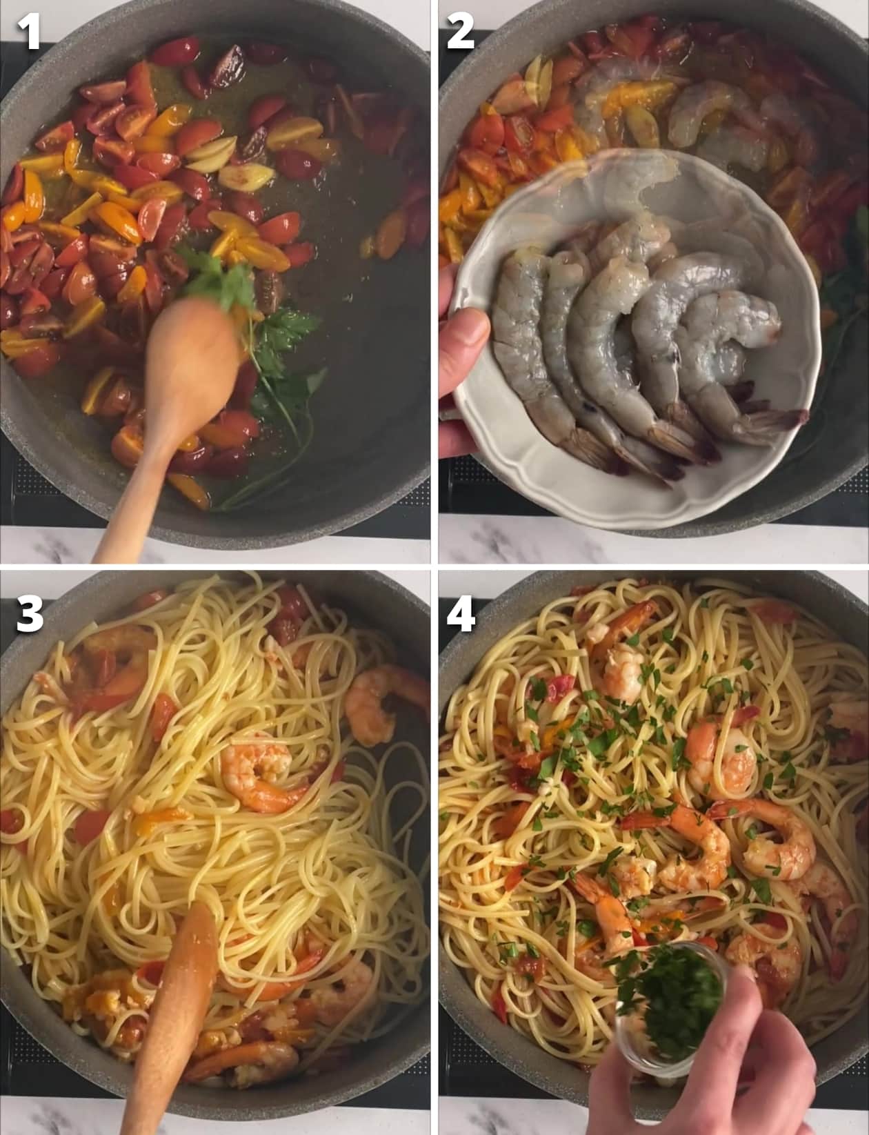 collage of four images showing the four steps to make shrimp pasta.