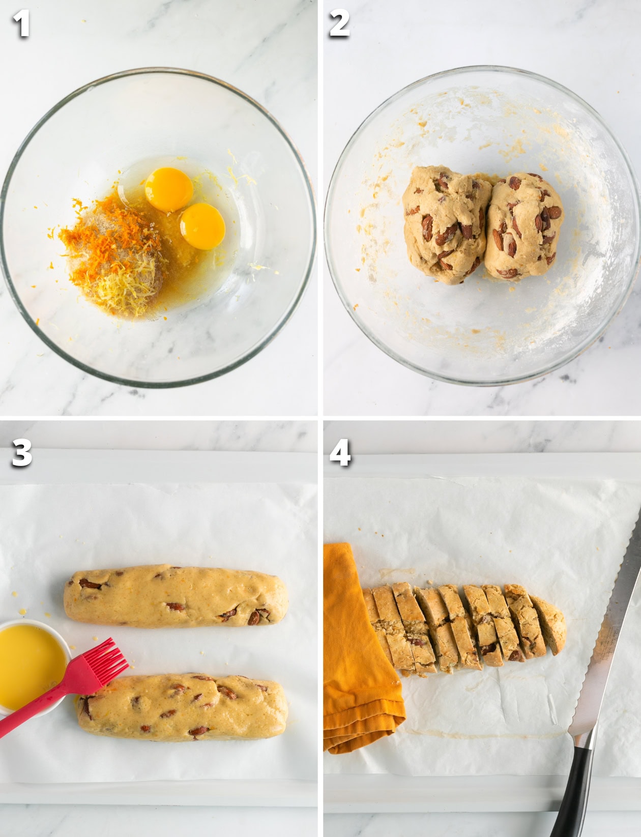 collage of four images showing the four steps on how to make cantucci.