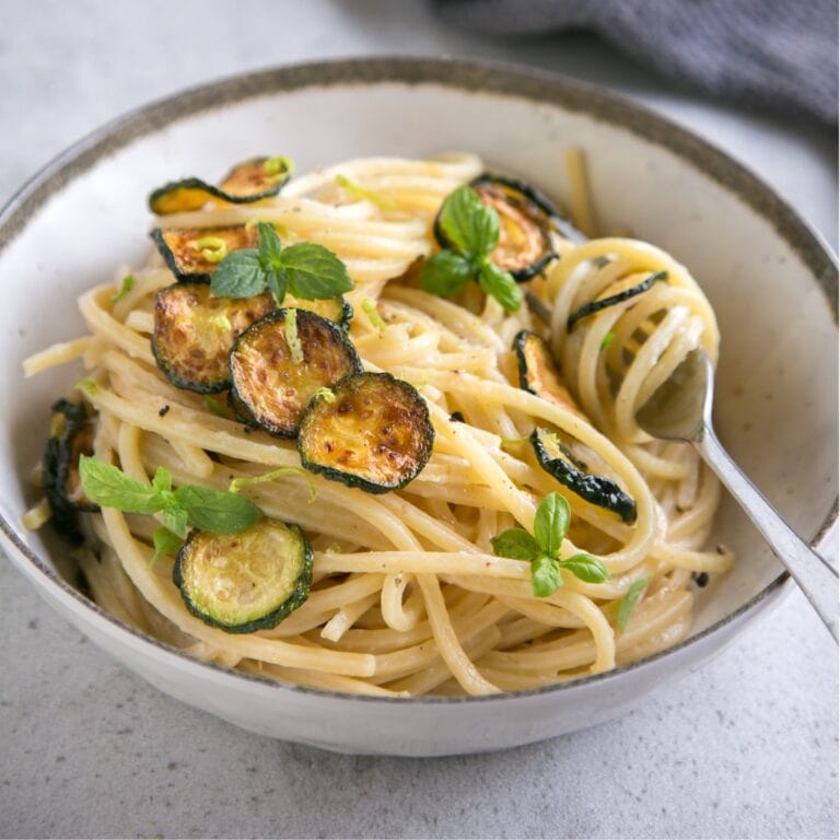 Spaghetti alla Nerano, with fried zucchini and provolone cheese.