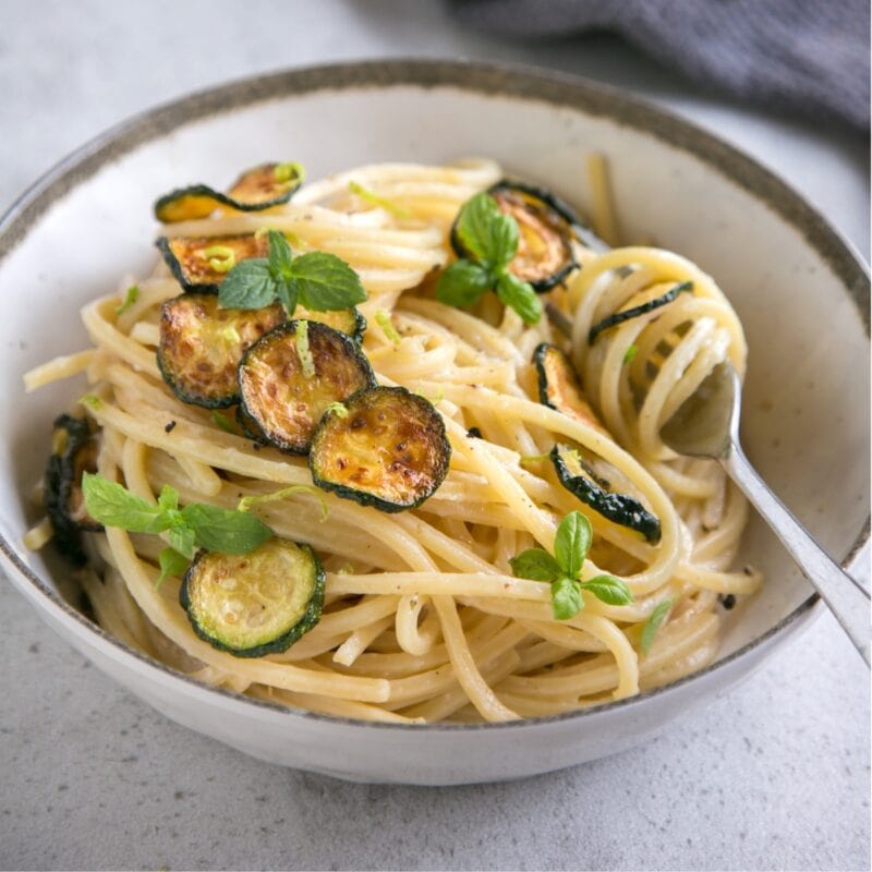Spaghetti alla Nerano, with fried zucchini and provolone cheese.