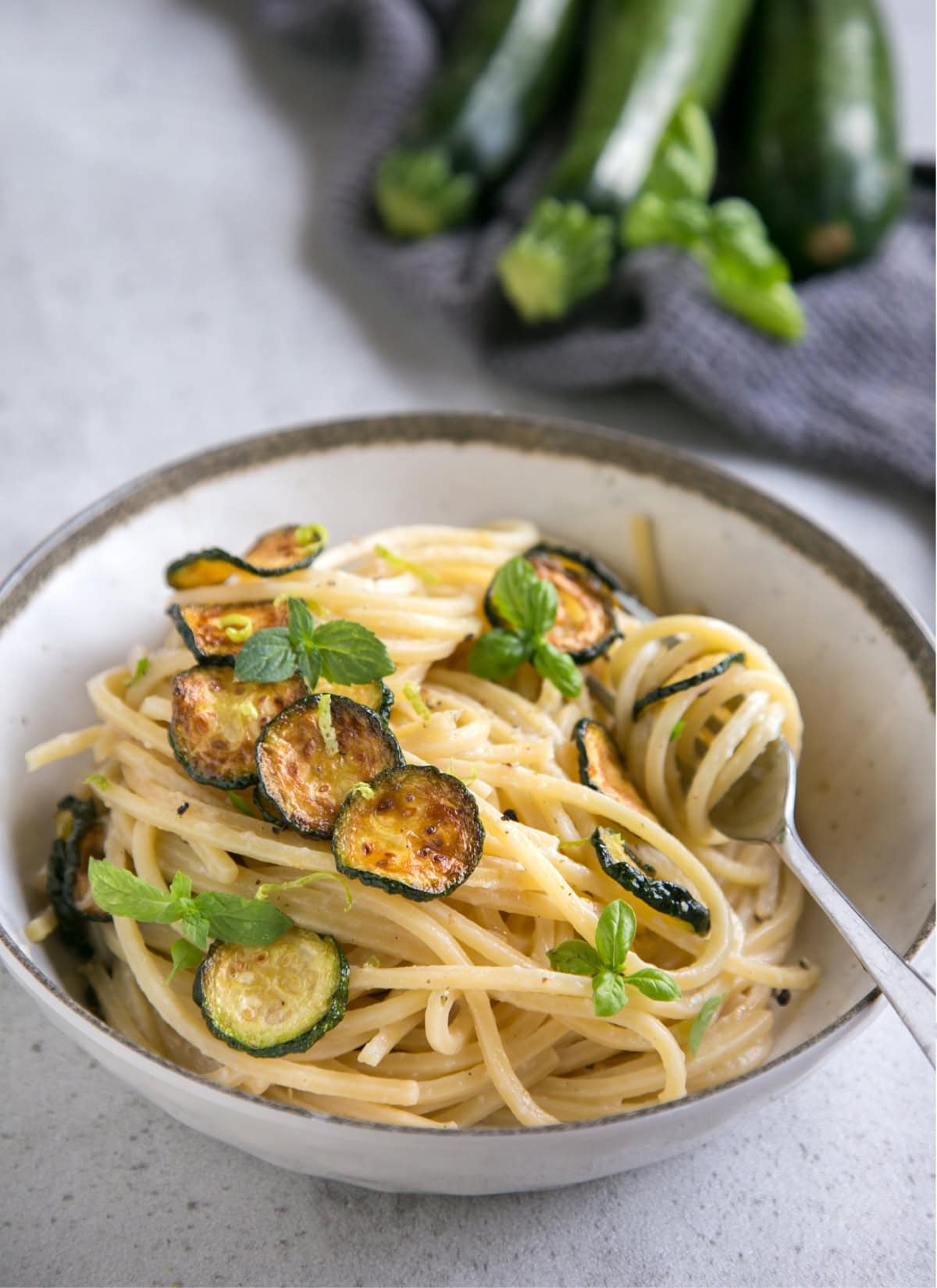 Spaghetti alla Nerano, with fried zucchini and provolone del Monaco cheese.