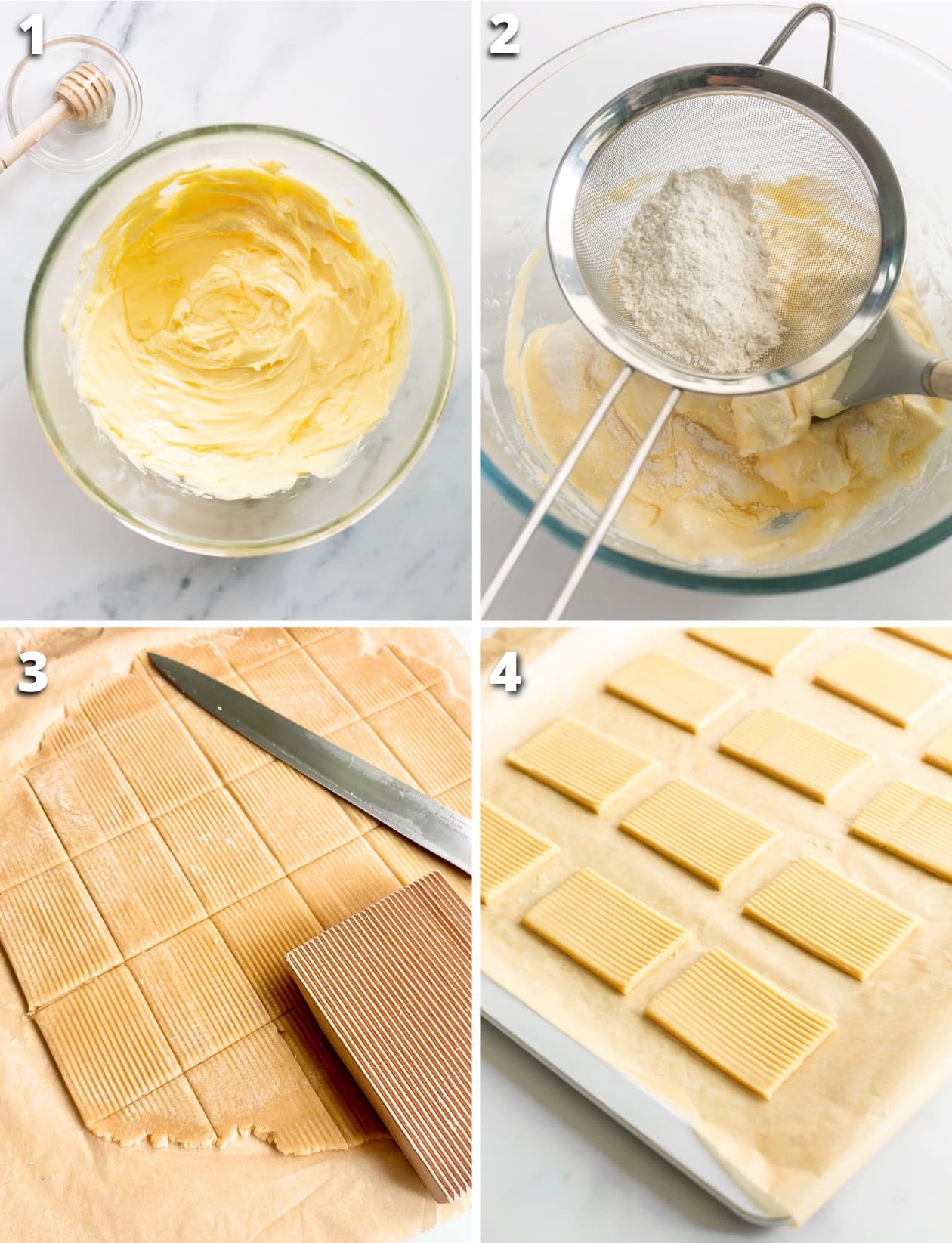 Collage of four images: creamed butter, sugar, and honey; flour being added; cookie dough being cut and shaped; cookies on a tray ready for the oven.