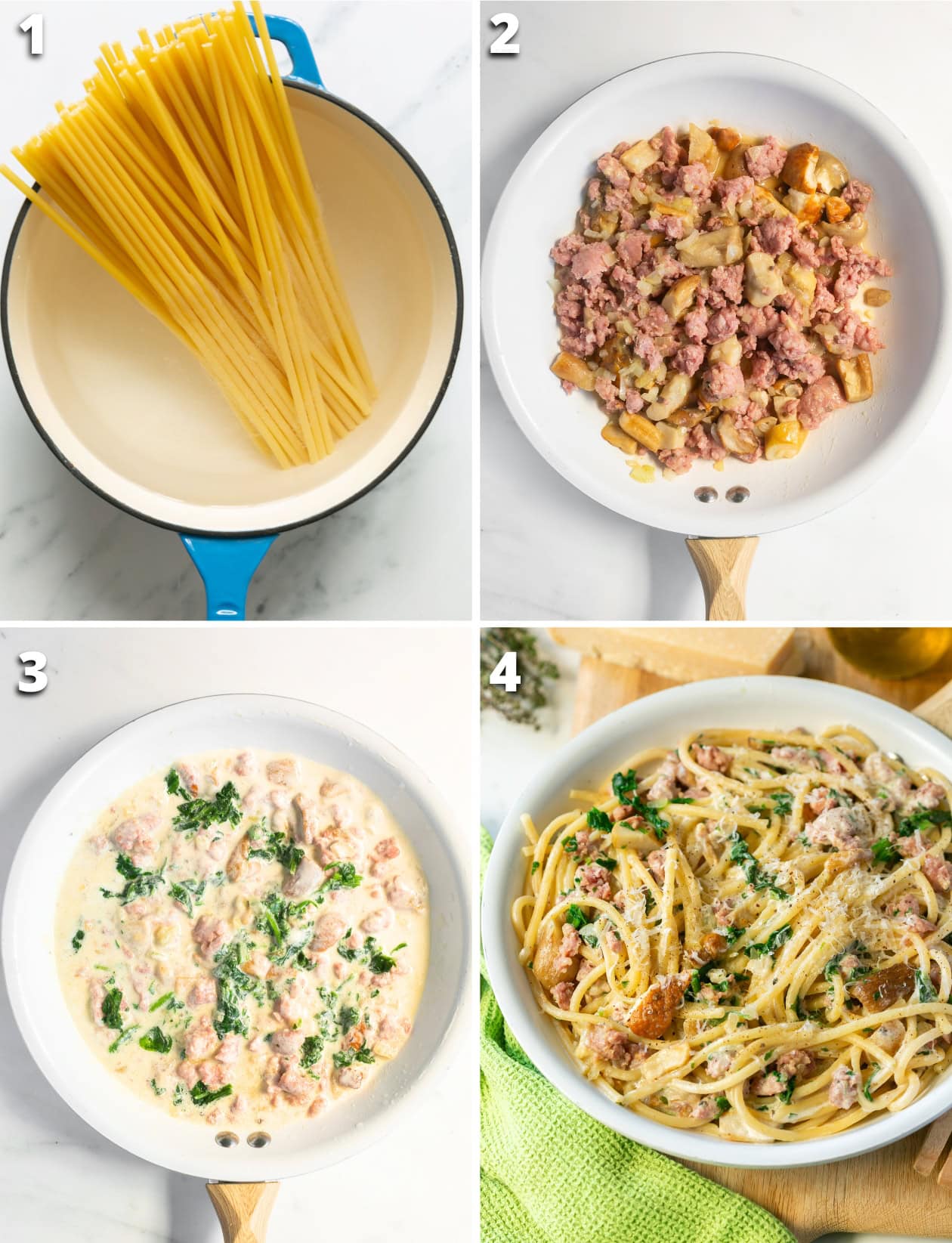 collage of 4 images. 1 pasta cooks in a pot, 2 sautéed mushroom and sausage in skillet, 3 cream added into the skillet, 4 pasta with sausage and mushrooms.