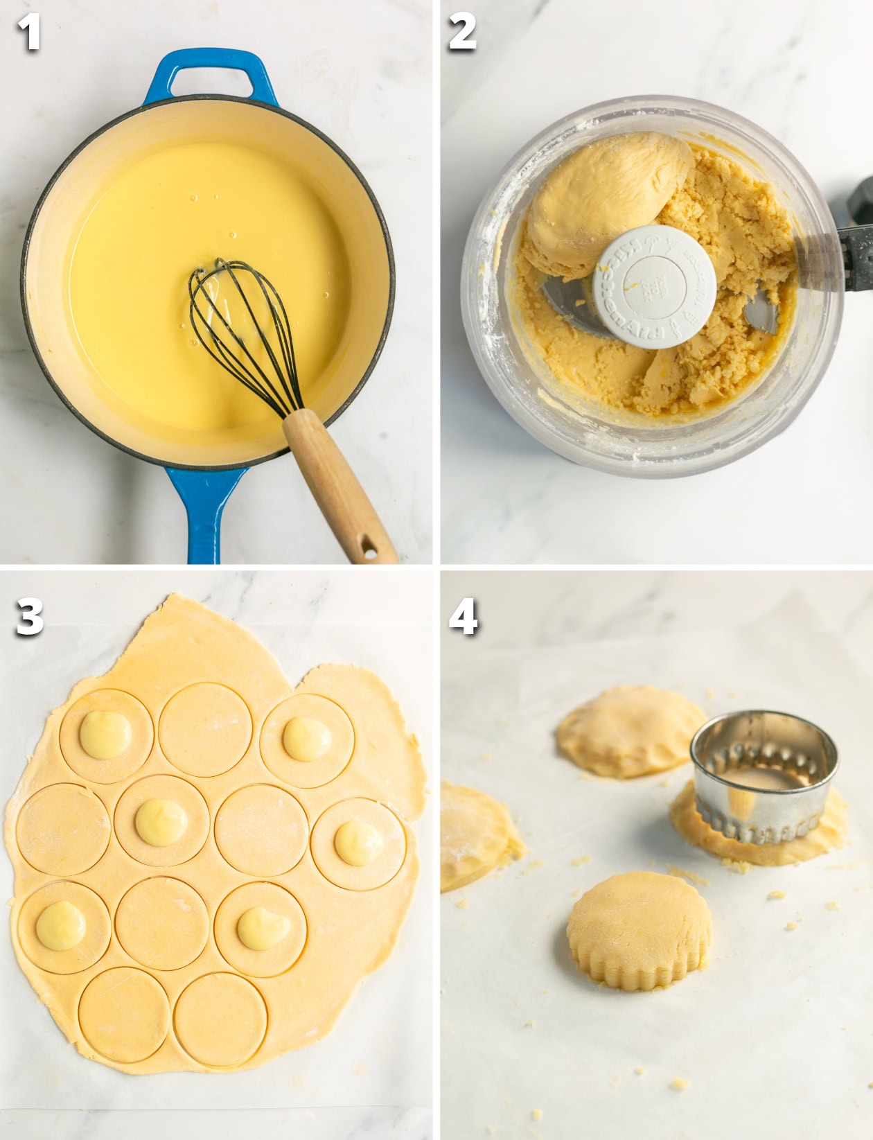 collage of 4 images showing the recipe steps: 1 lemon cream in a saucepan, 2 cookie dough coming together in food processor, 3 rolled dough with 2-inch rounds cut, 4 lemon cream between two rounds, sealed and ready to be baked.