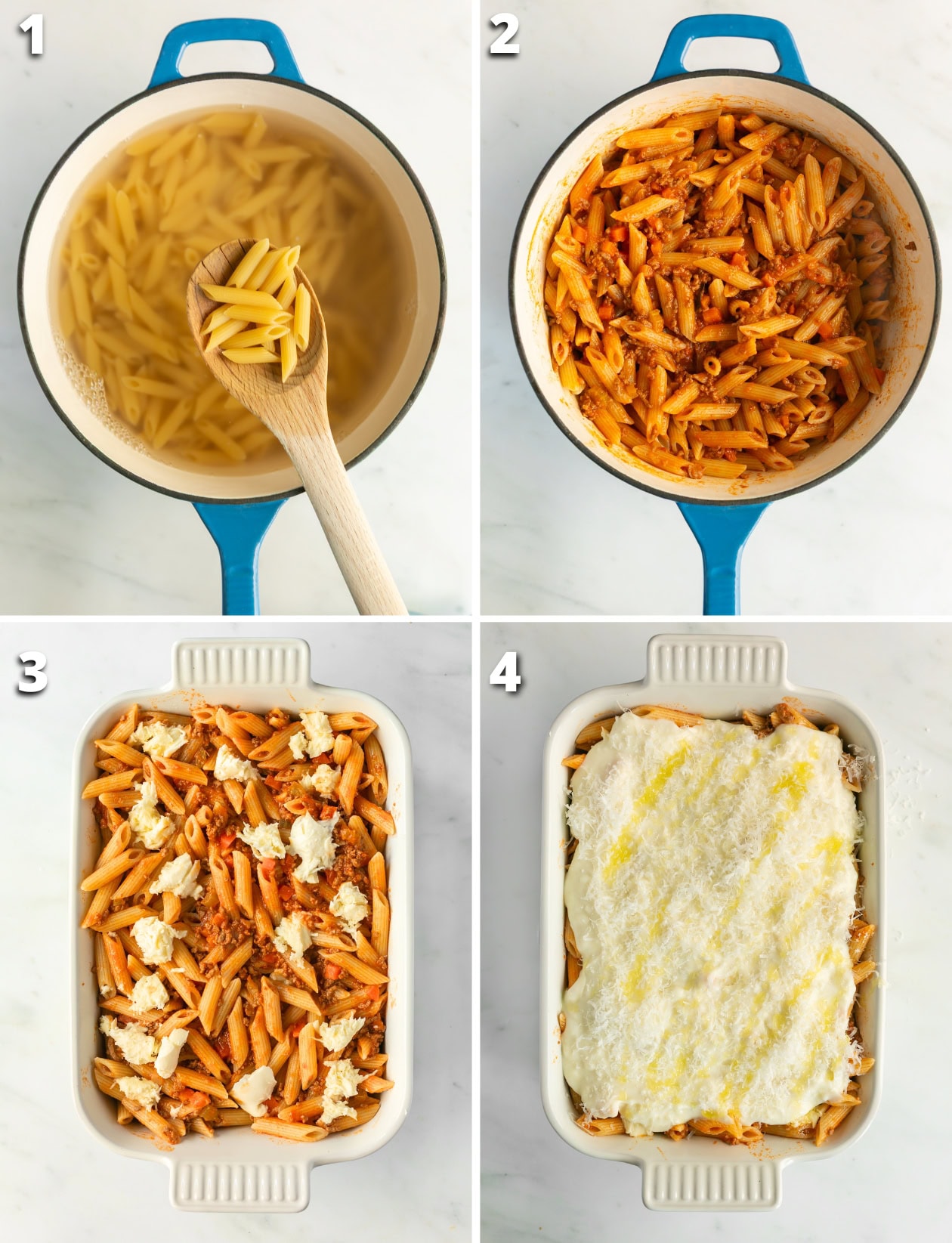 collage of four images showing how to make pasta al forno. 1 cook pasta al dente, 2 mix with bolognese sauce, 3 transfer to baking dish and top with mozzarella, 4 spread béchamel sauce on top and bake.