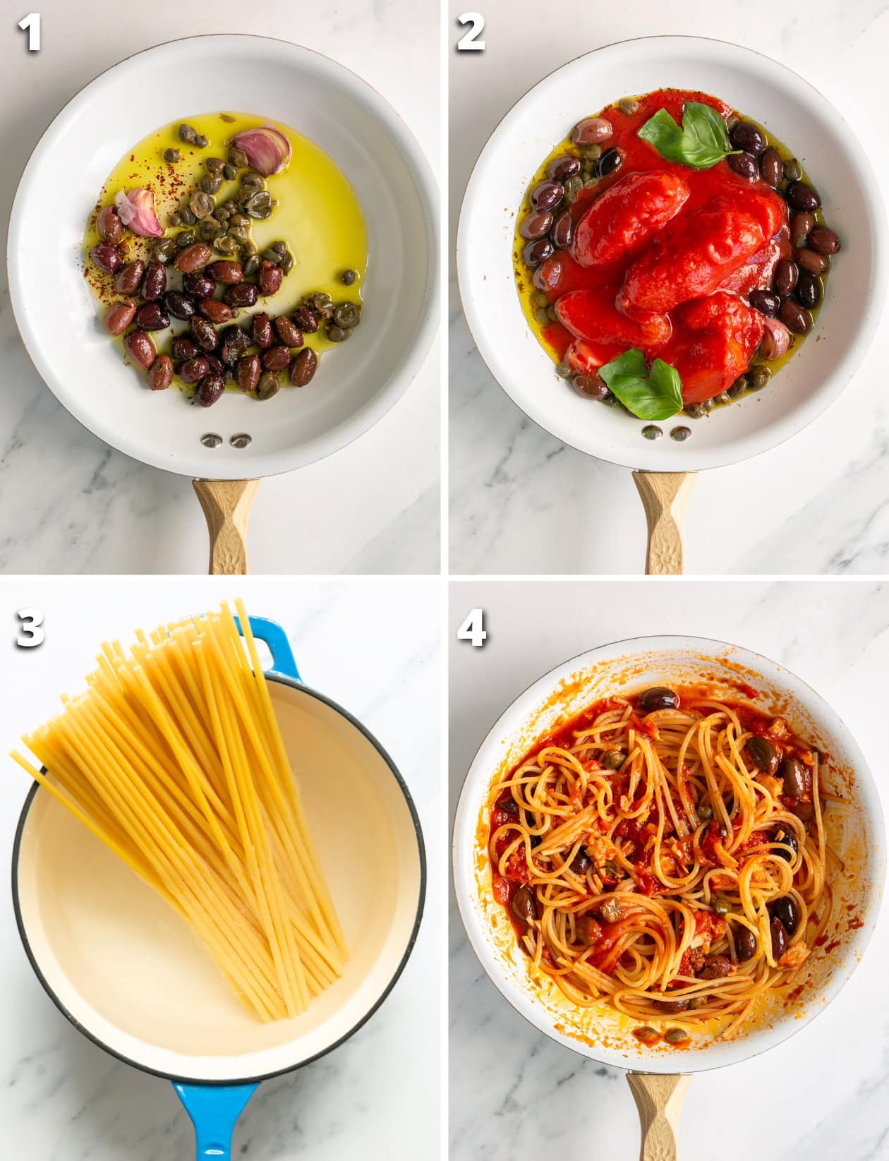 collage of 4 images for tuna puttanesca: 1 image sautéed olives, garlic, capers. 2 images canned tomatoes added in, 3 image pasta cooked in a pot, 4 images tuna puttanesca sauce mixed with pasta.
