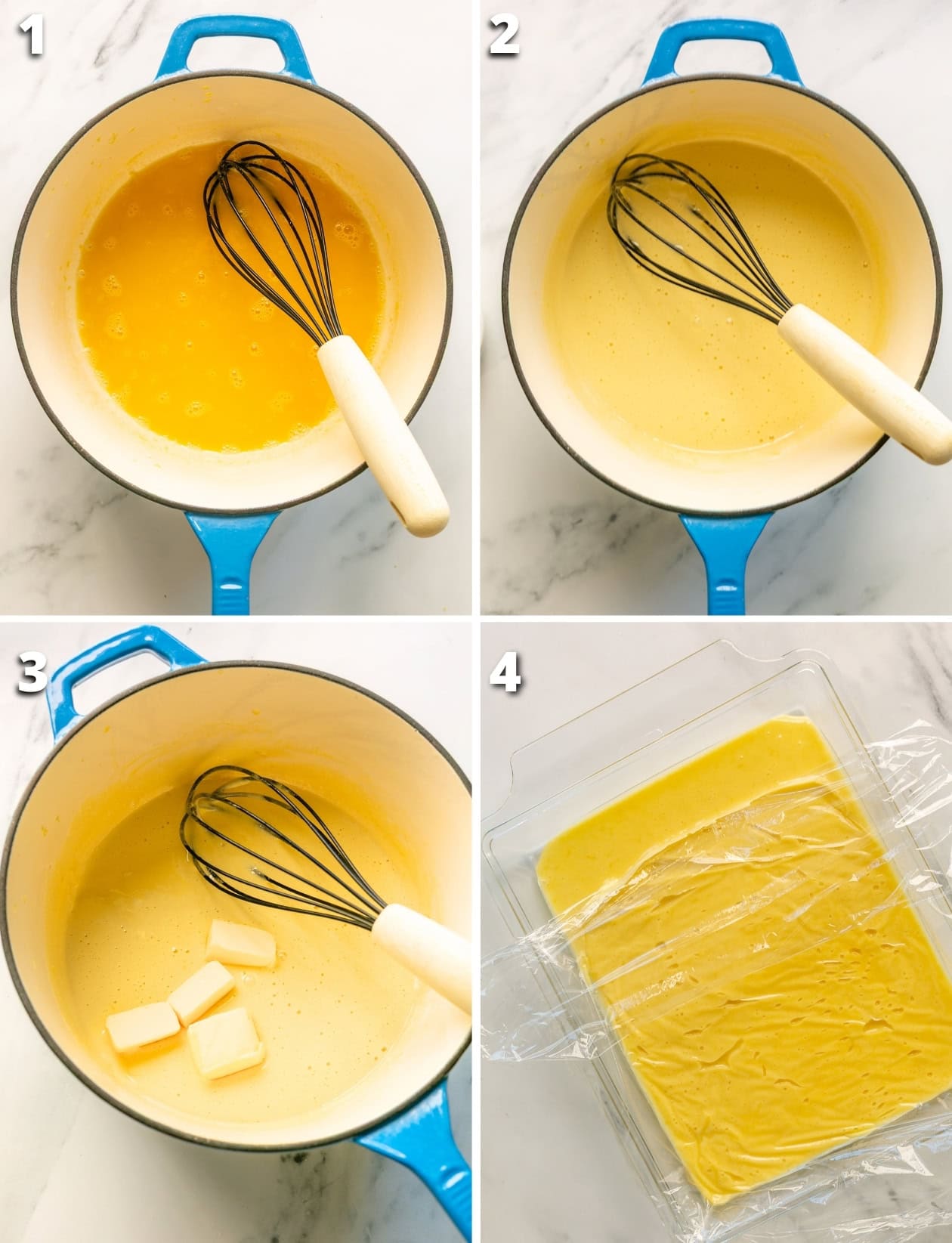 step-by-step collage showing how to make yuzu curd. 1 pot with whisked egg yolks, yuzu juice, lemon zest,sugar.
2 The mixture thickens as it cooks.
3 Butter is whisked into the curd.
The  yuzu curd is poured into a glass container and covered with plastic wrap.