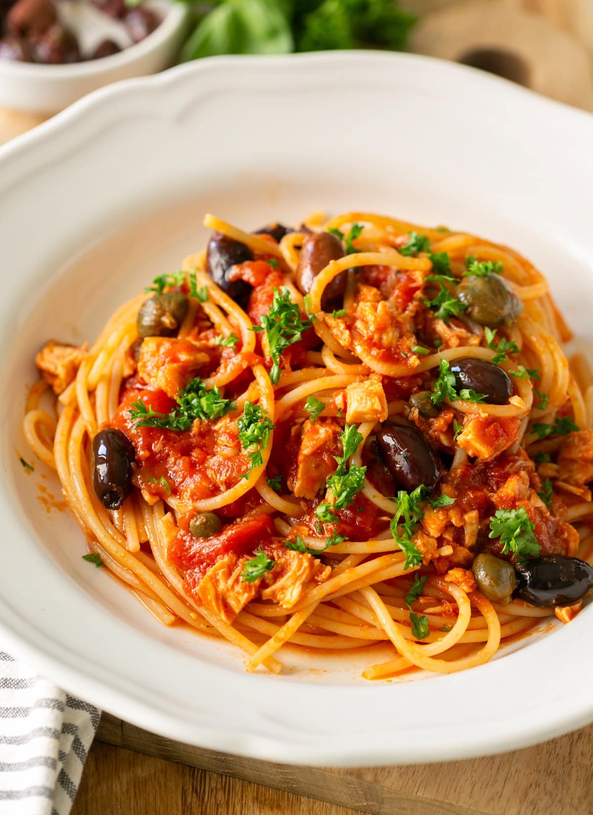 Pasta tuna puttanesca.