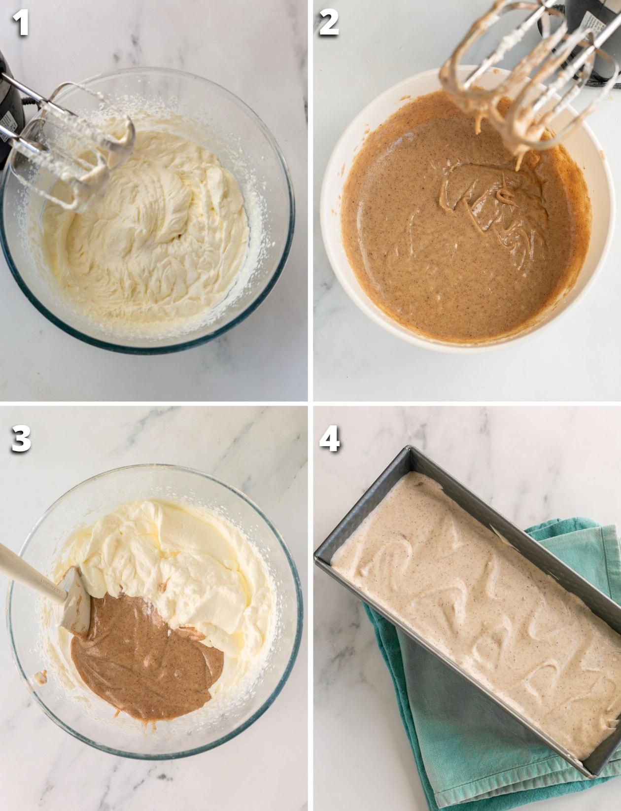 Step-by-step collage showing how to make hazelnut gelato: whipping cream, mixing hazelnut butter with condensed milk, folding the mixtures together, and pouring into a loaf tin to freeze.
