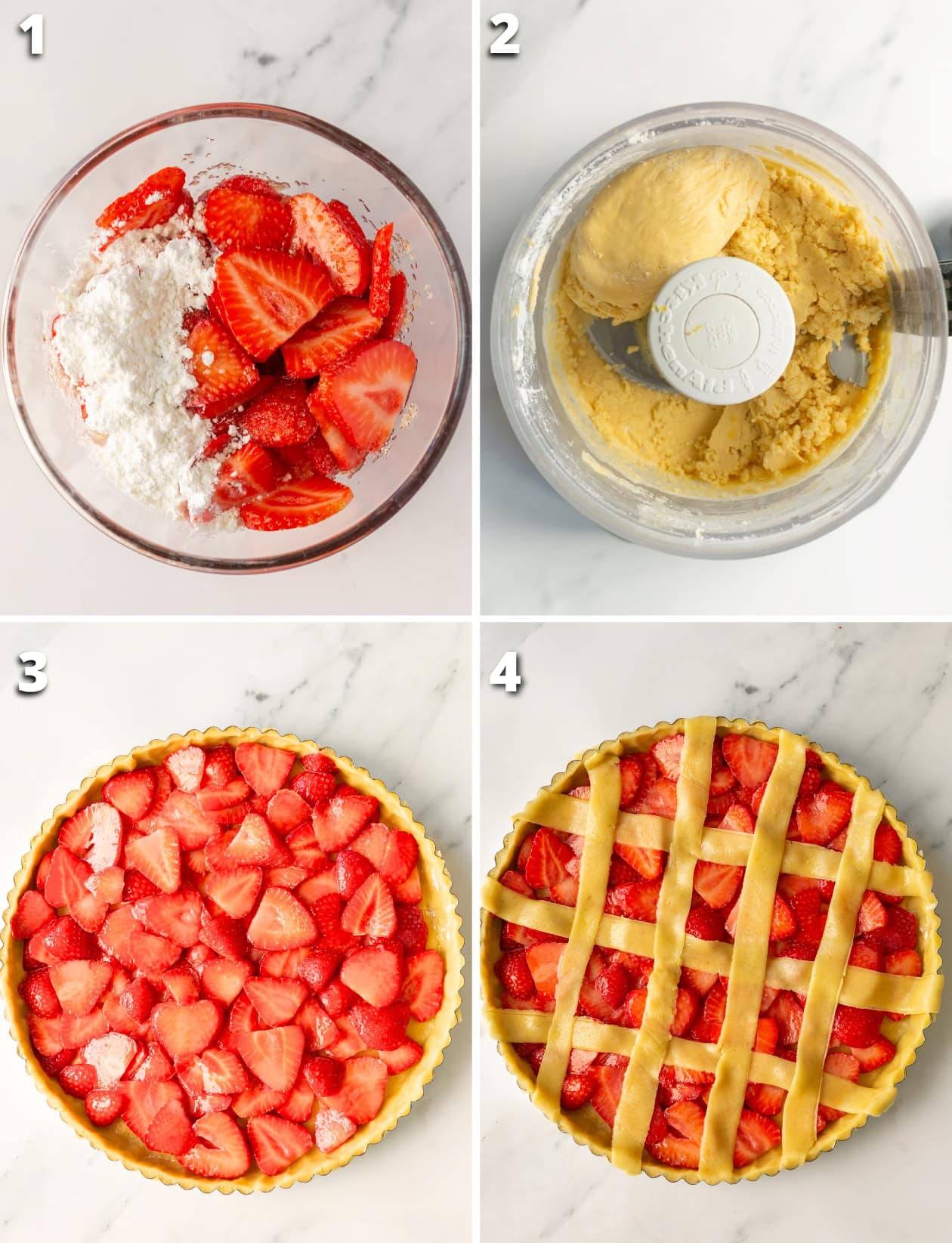 4-step collage showing how to make strawberry crostata. Sliced strawberries mixed with sugar in a glass bowl. Dough mixed in a food processor. Tart pan filled with rolled dough and topped with the strawberry filling. Tart topped with crisscrossed dough strips, ready to bake.