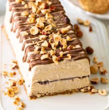 Italian gelato cake with hazelnut and chocolate flavor.