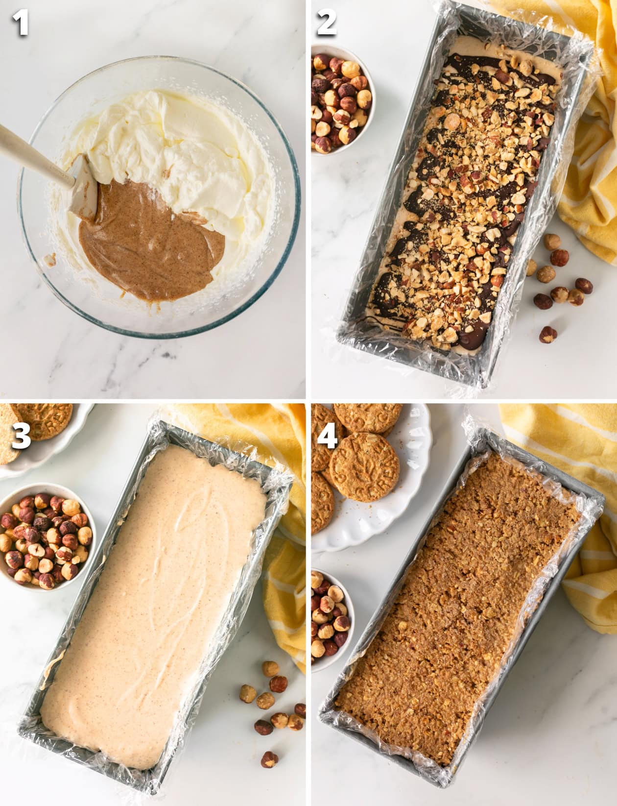 4-image collage showing how to make gelato cake: whipped cream with condensed milk and hazelnut butter, hazelnut gelato poured into loaf tin, dark chocolate and hazelnuts layered over frozen gelato, final gelato layer topped with cookie crumble.