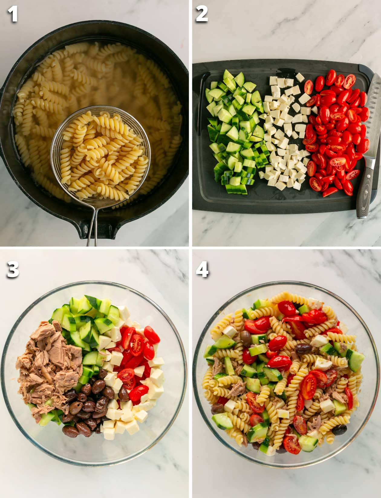 4-image collage for how to make italian tuna salad: 1. pasta being cooked. 2. tomatoes, cucumber and mozzarella chopped. 3. vegetables added in a bowl together with olives, tuna and mozzarella. 4. pasta added into the bowl together with olive oil and oregano.