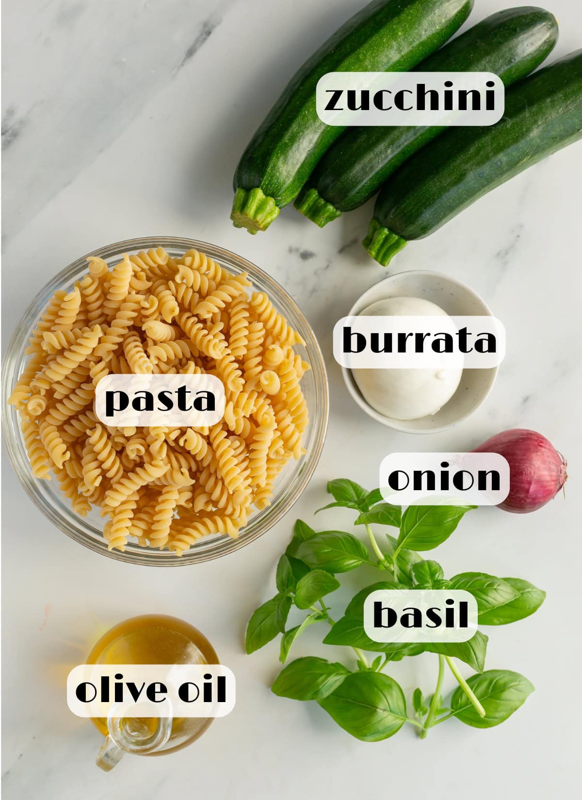 zucchini burrata pasta ingredients: zucchini, burrata, basil, olive oil, pasta, onion.