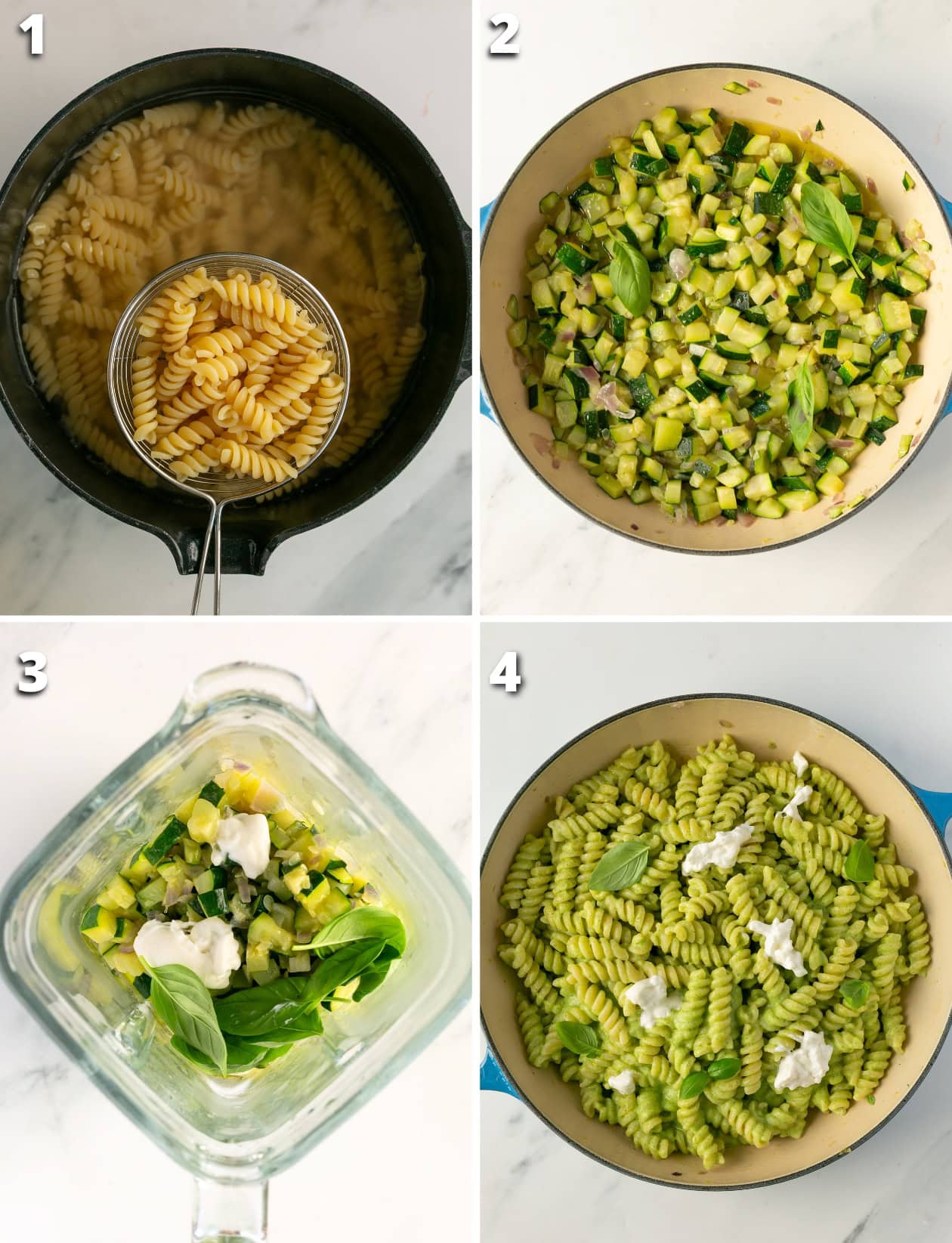 Step-by-step collage showing how to make zucchini burrata pasta: 1 cooking fusilli, 2 sautéing zucchini, 3 blending zucchini with basil and burrata, 4 mixing pasta with creamy zucchini sauce and burrata cheese.