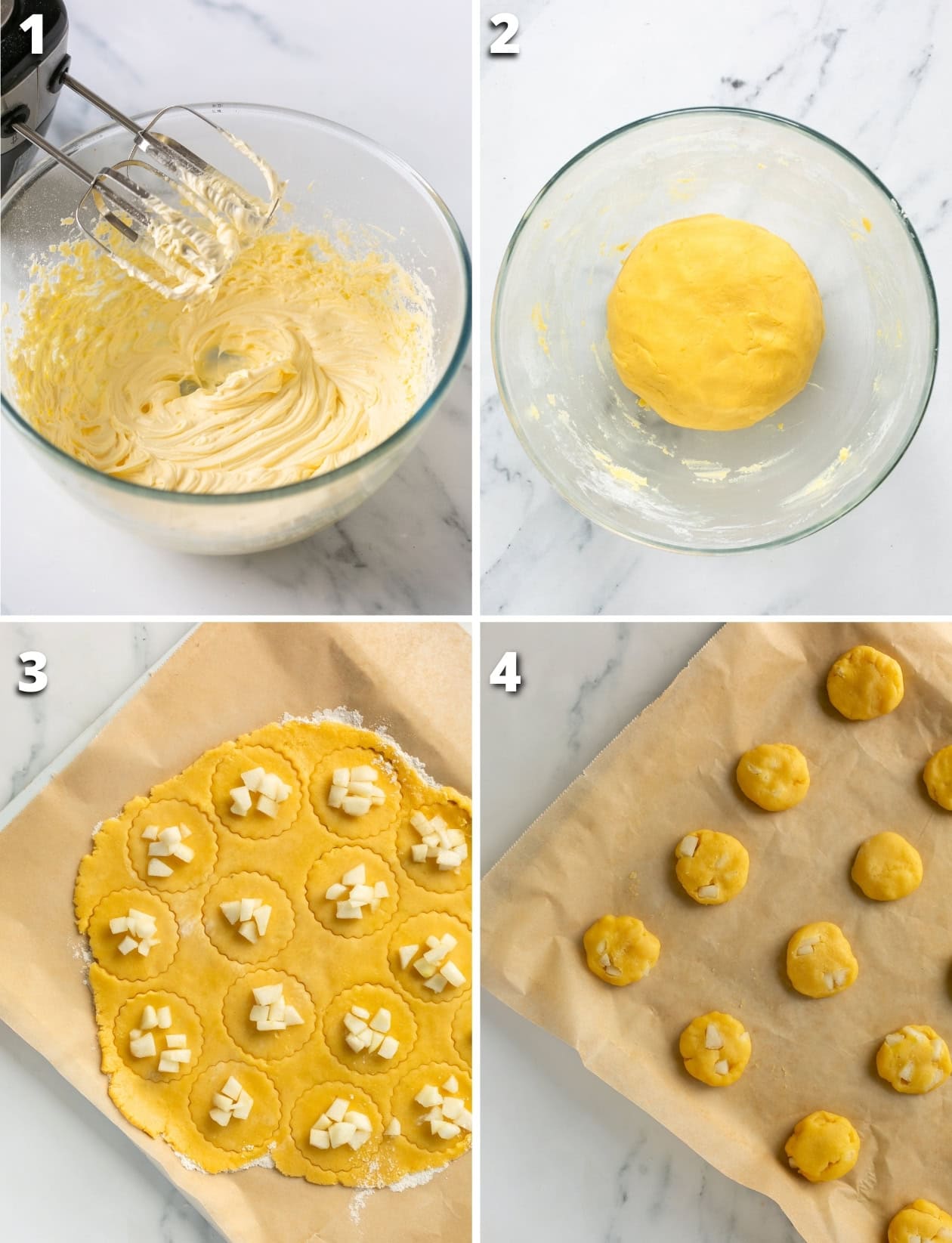 Collage of 4 step-by-step images showing how to make Italian pear cookies: mixing pasta frolla dough, shaping the dough ball, adding chopped pears, and preparing cookies on a baking tray.