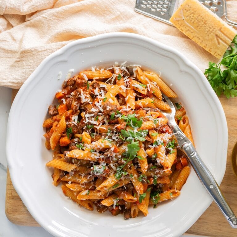 Venison bolognese with pasta.