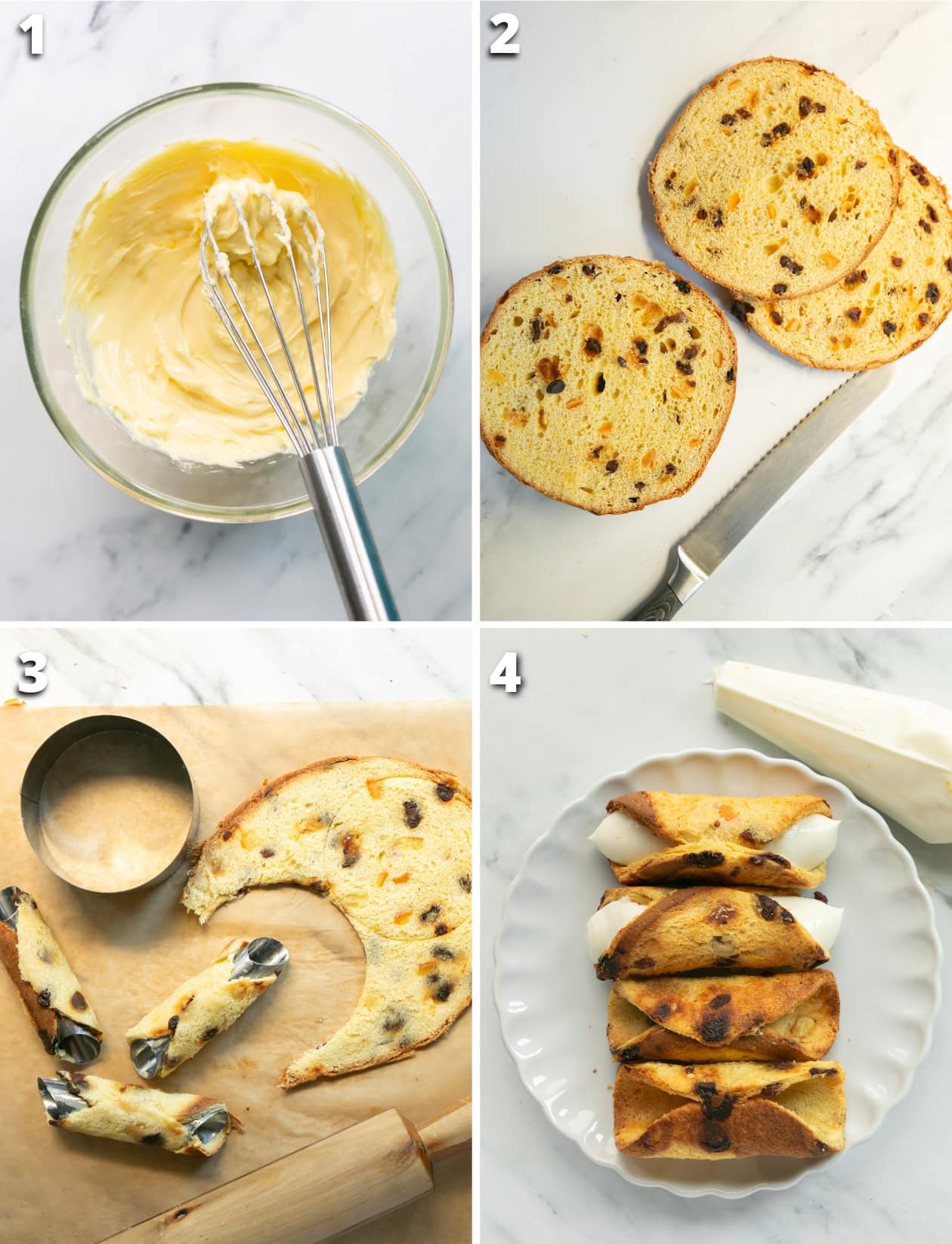 Collage of four images showing how to make Christmas cannoli: ricotta cream prepared, panettone sliced, shells shaped and baked, and cannoli filled with ricotta.