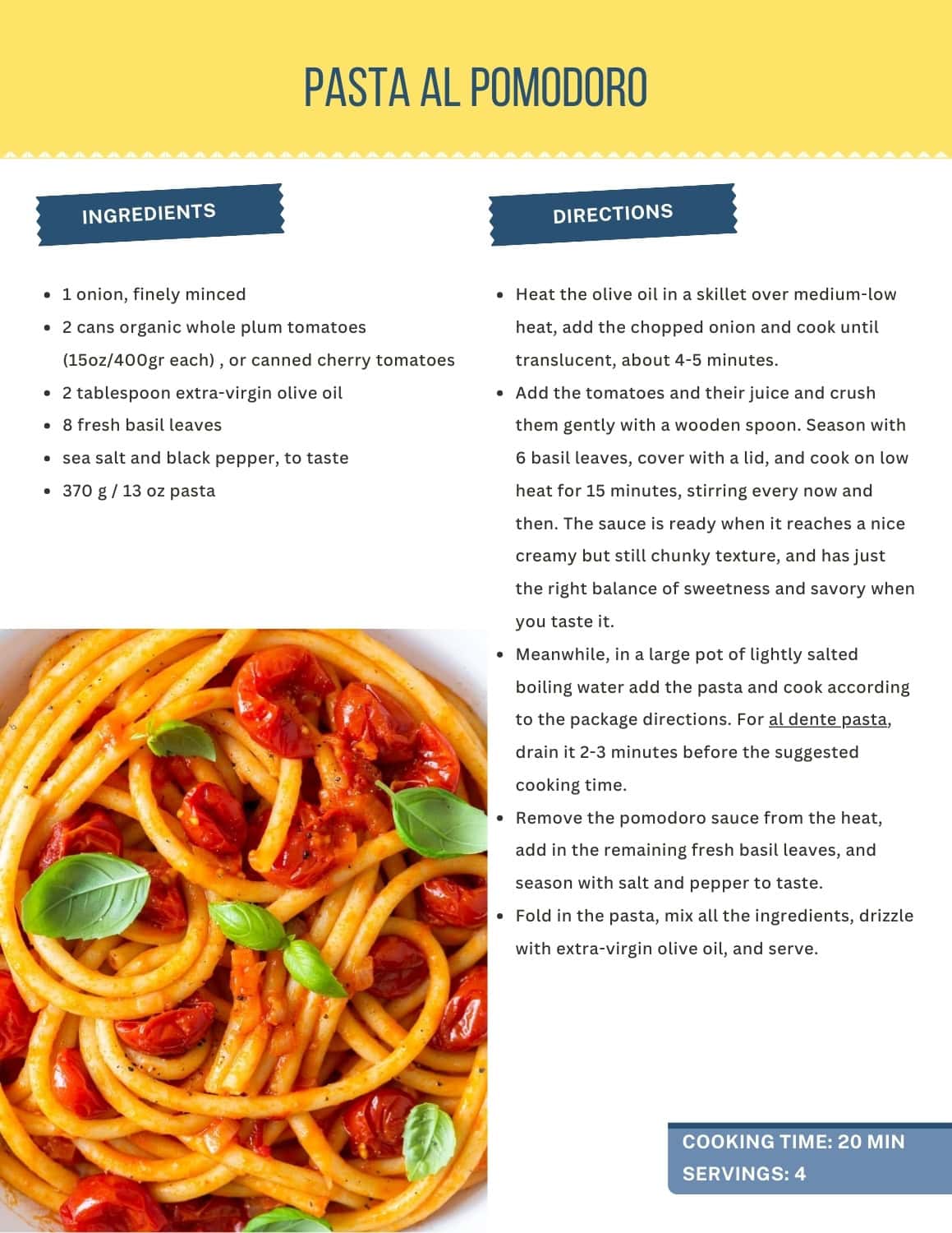 pasta al pomodoro recipe card.