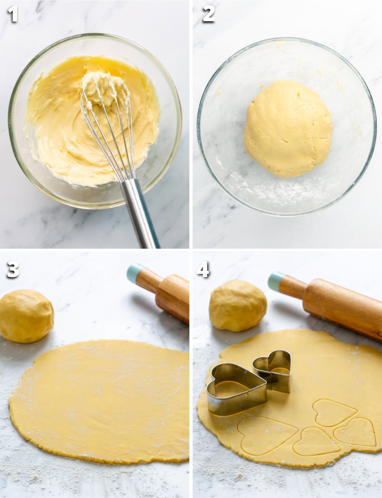 Step-by-step collage showing how to make olive oil cookies: mixing dough, shaping into a ball, rolling out, and cutting with heart-shaped cookie cutters.