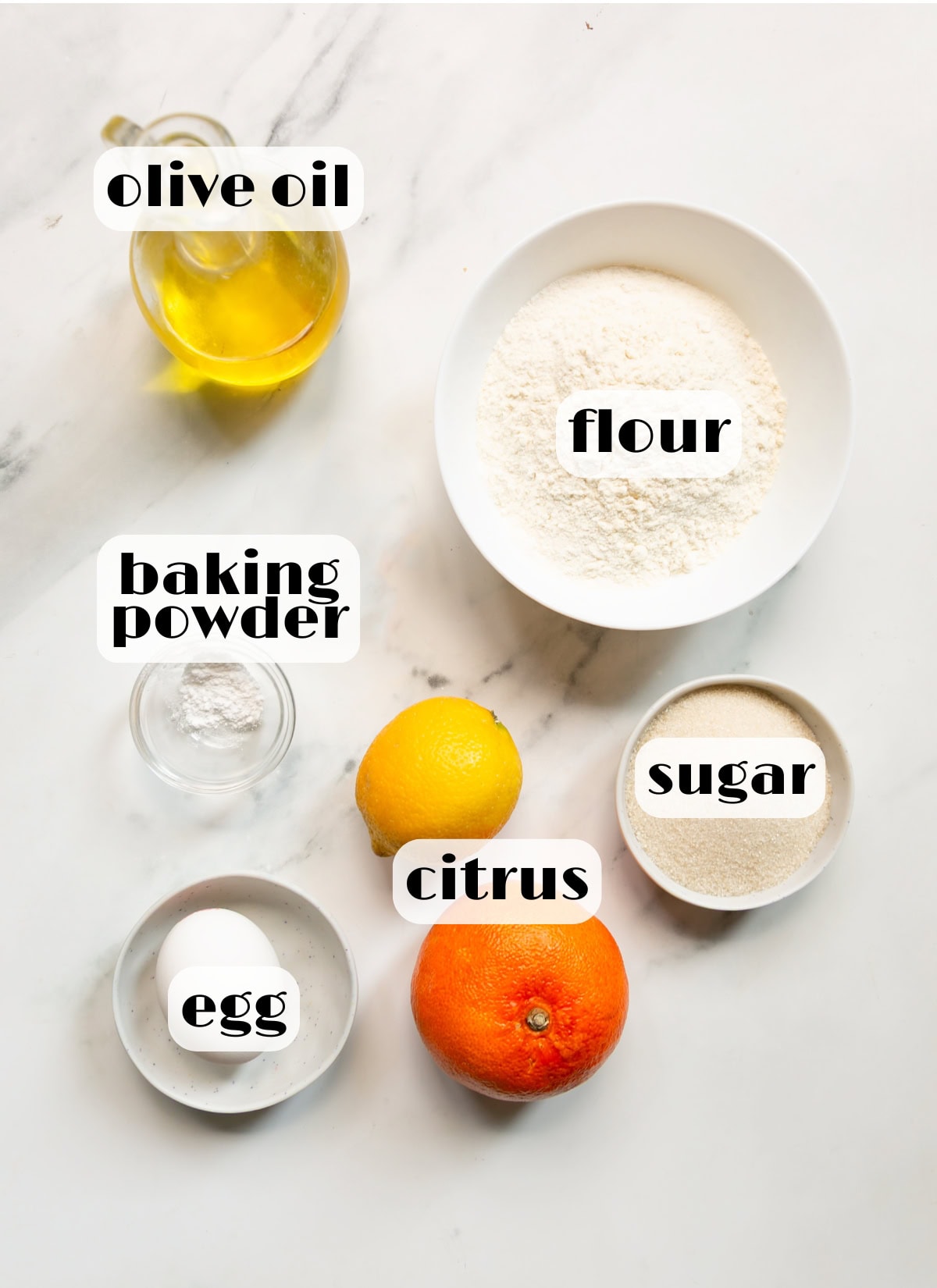 cookies with olive oil ingredients: extra virgin olive oil, lemon zest, sugar, egg, flour, baking powder.