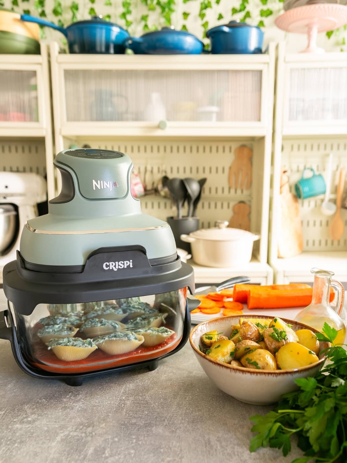 Spinach ricotta pasta shells baked in the air fryer.