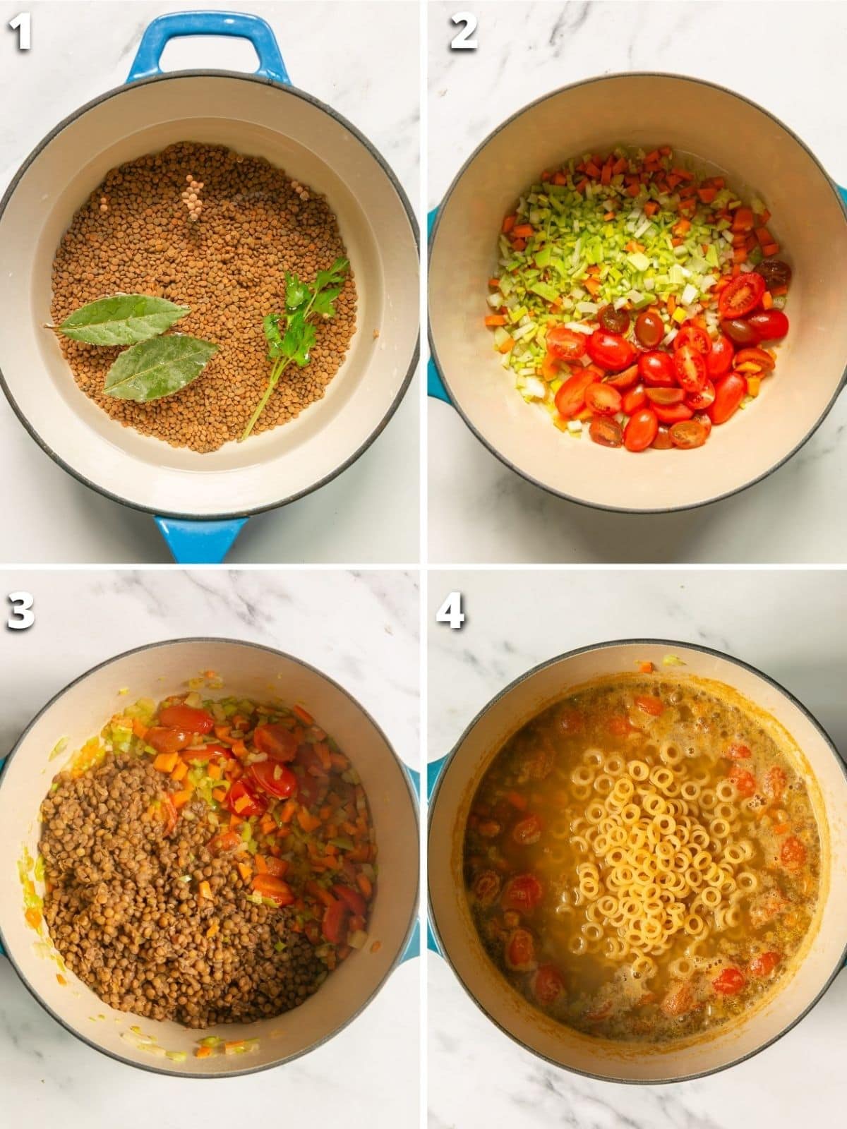collage showing how to make pasta e lenticchie 