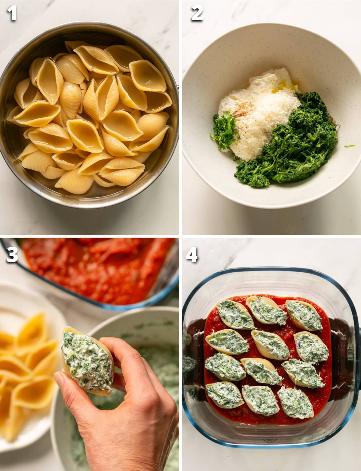 4-step collage showing how to make spinach ricotta stuffed shells: boil pasta, mix filling, stuff shells, assemble in tomato sauce before baking