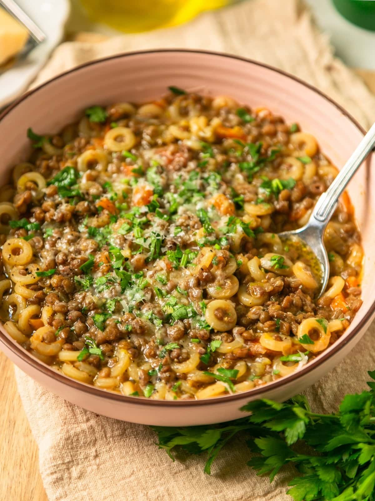italian lentil soup with pasta.
