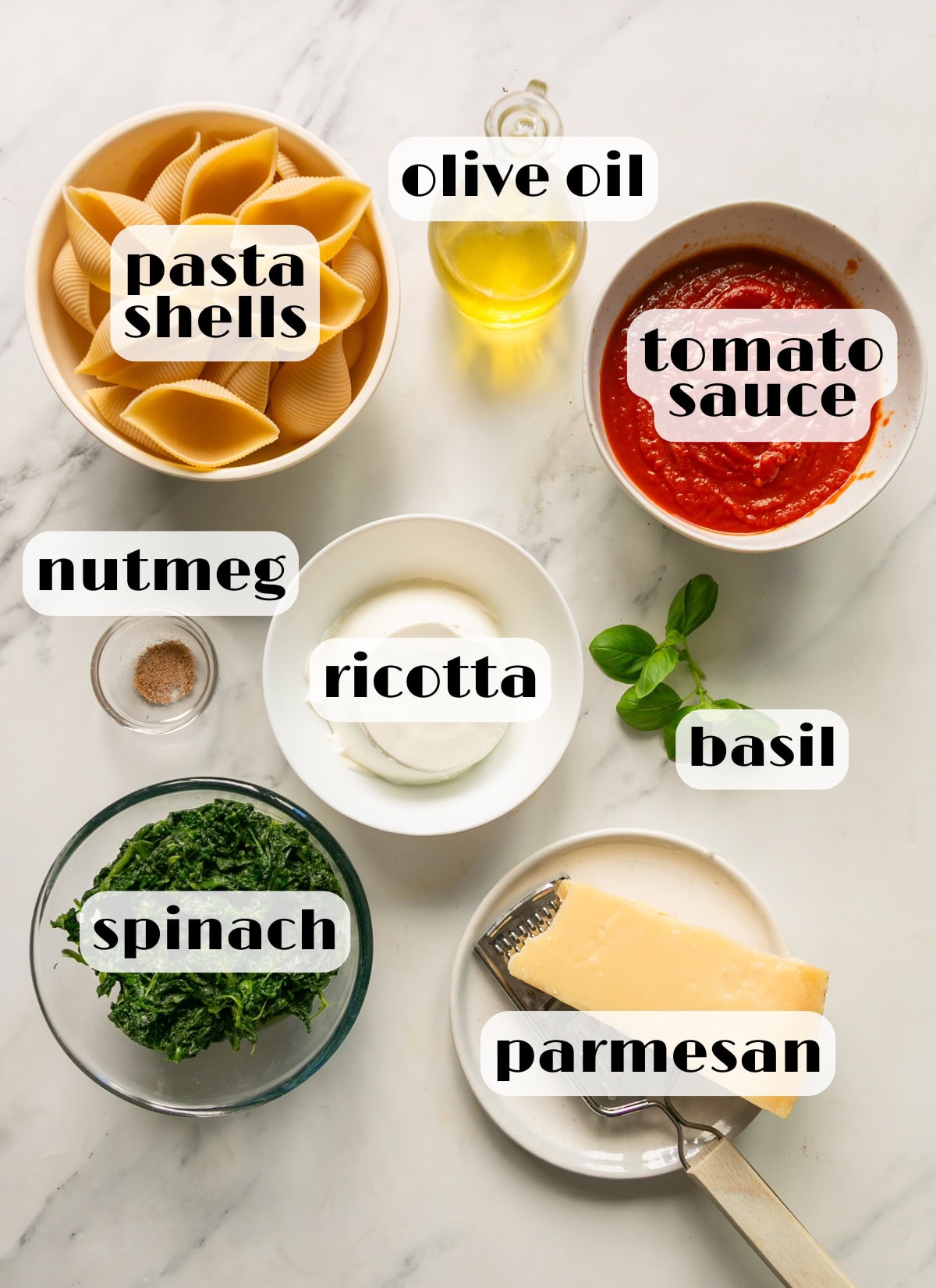 stuffed shells ingredients: pasta shells, cooked spinach, ricotta, parmesan cheese, tomato sauce, nutmeg, basil, olive oil.