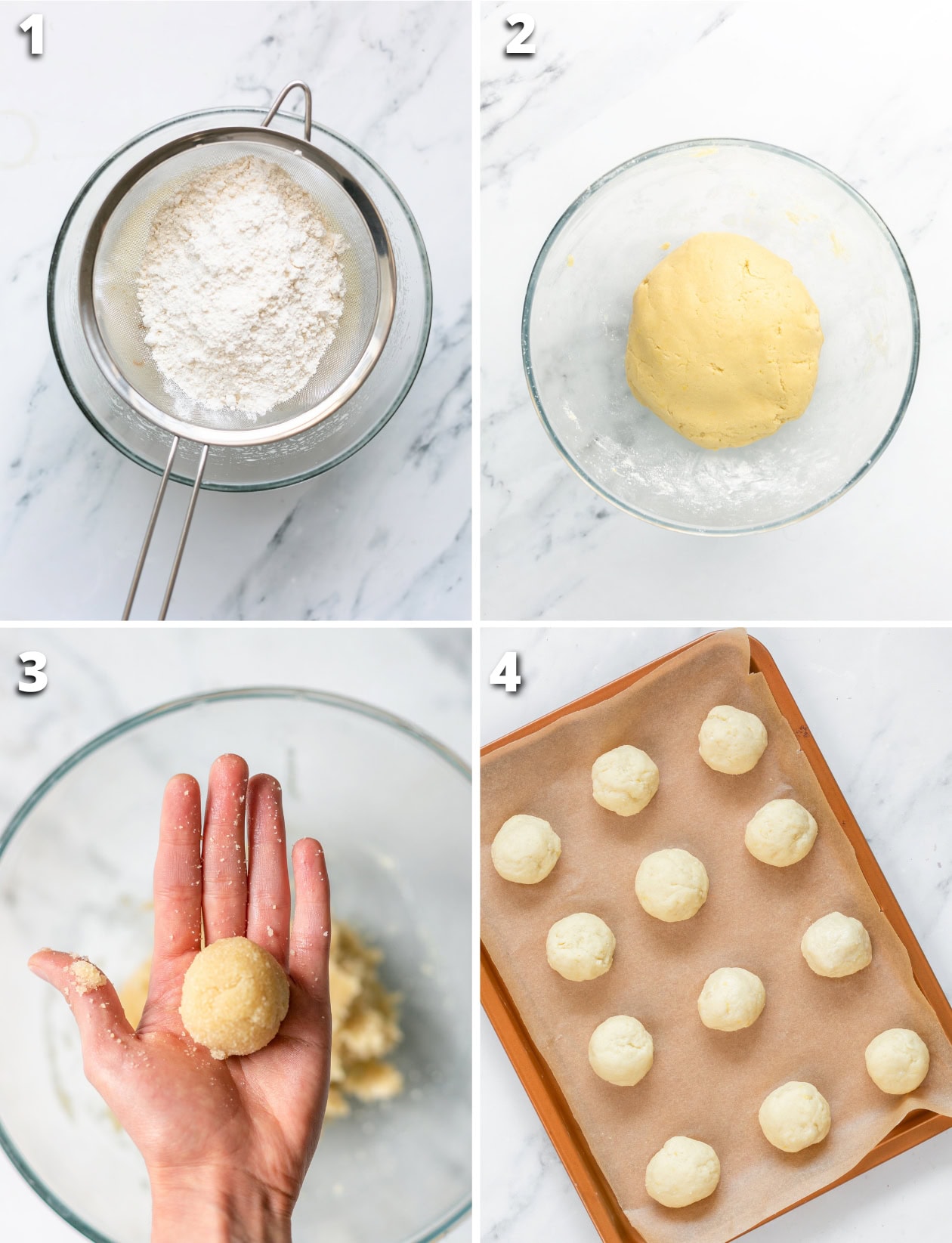 Step-by-step mascarpone cookies: sift flour, mix into soft dough, roll into balls, and arrange on baking tray before baking.