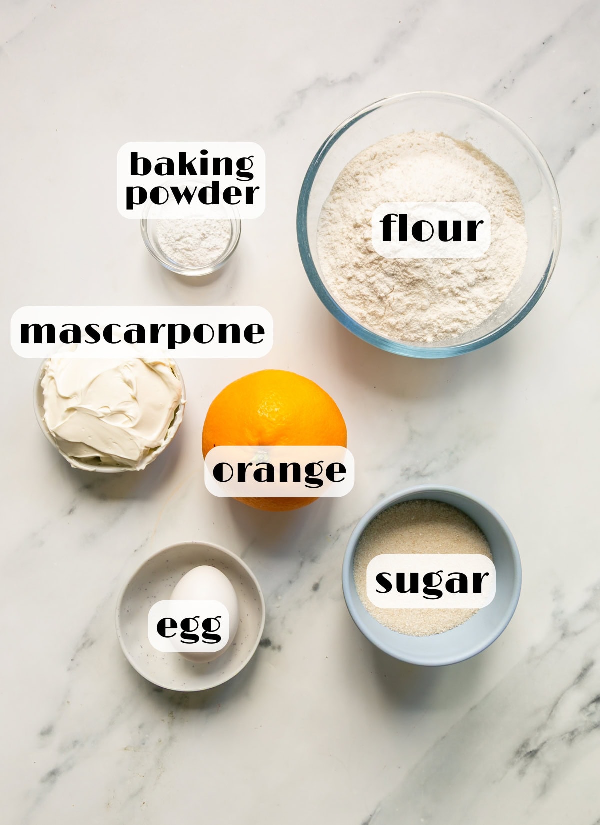 mascarpone cookie recipe ingredients: mascarpone cheese, flour, egg, sugar, orange zest, baking powder.