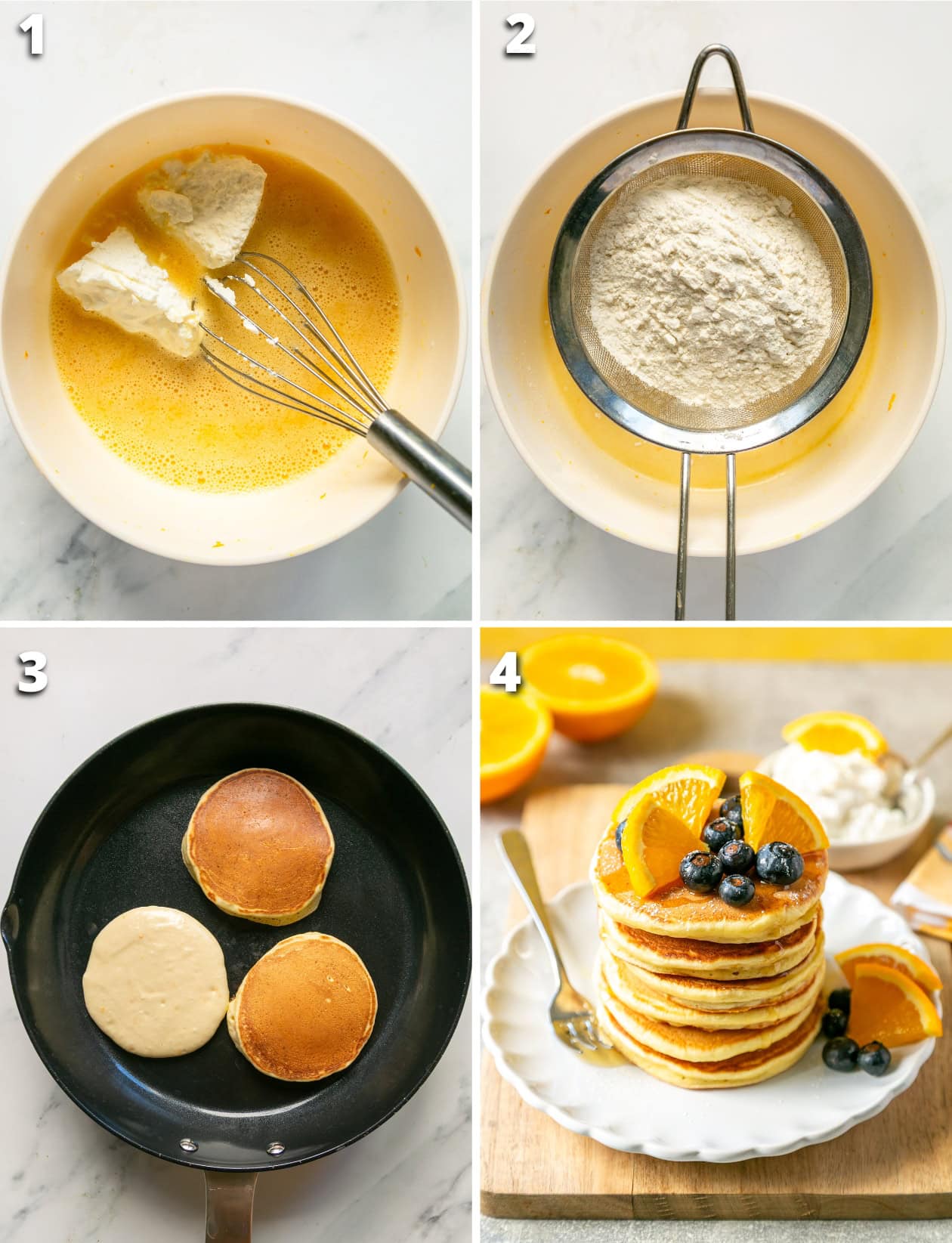 Step-by-step collage showing how to make ricotta and orange pancakes, from mixing batter to cooking and serving stacked pancakes with fresh oranges and berries.